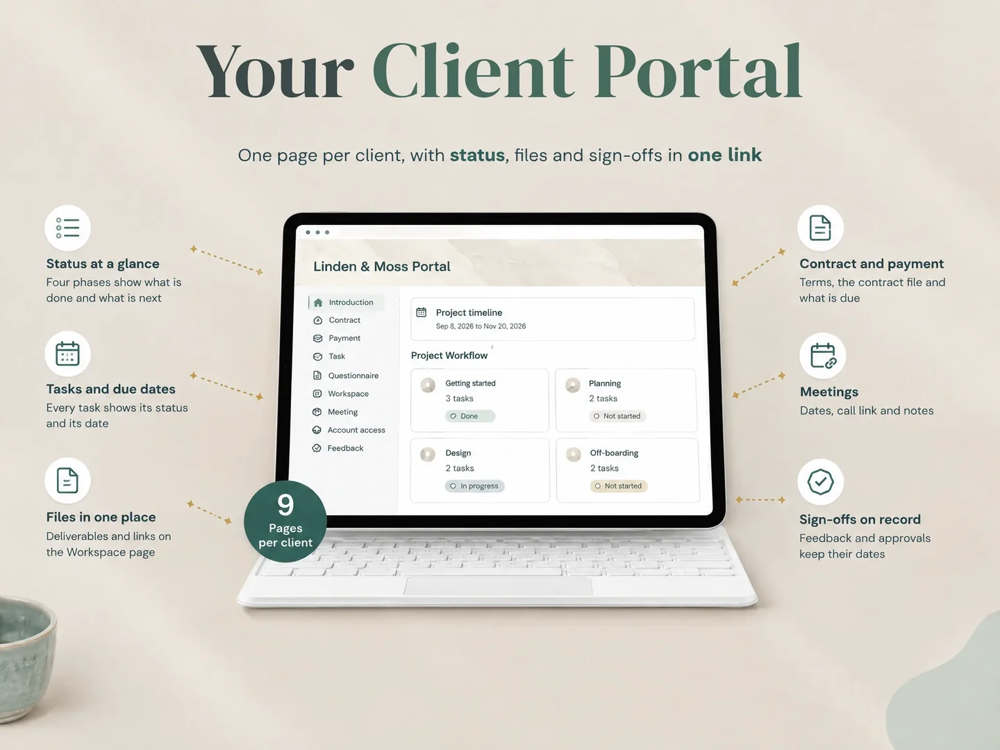 Notion Client Portal template showing a client-facing project portal