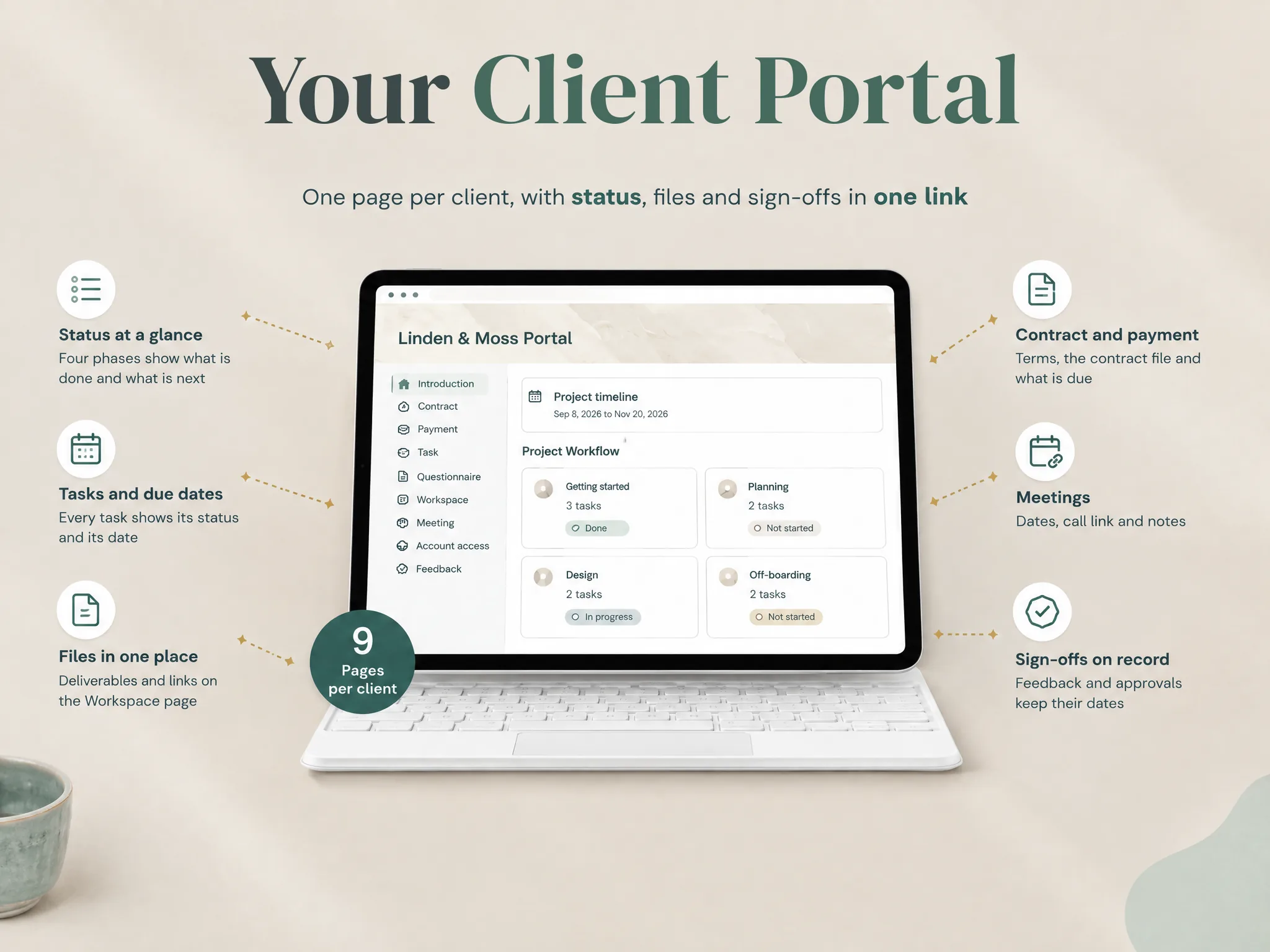 Notion client portal project page showing tasks, payment links and feedback sections