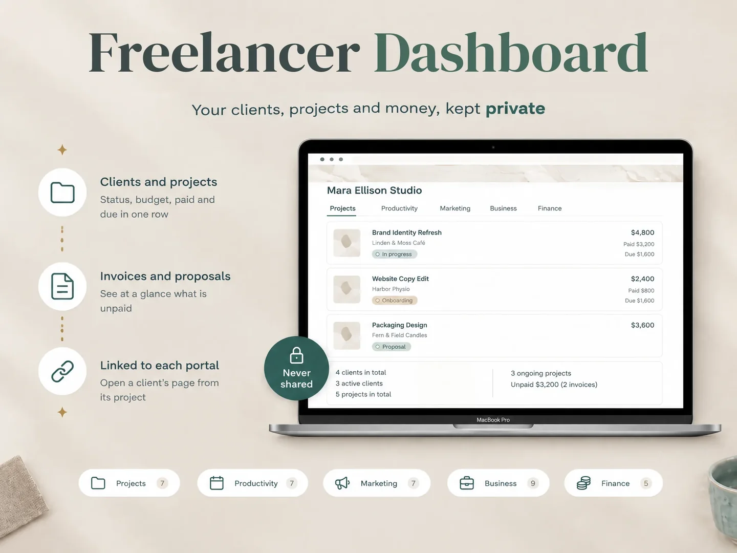Notion Client Portal freelancer dashboard with client work organised for the studio owner