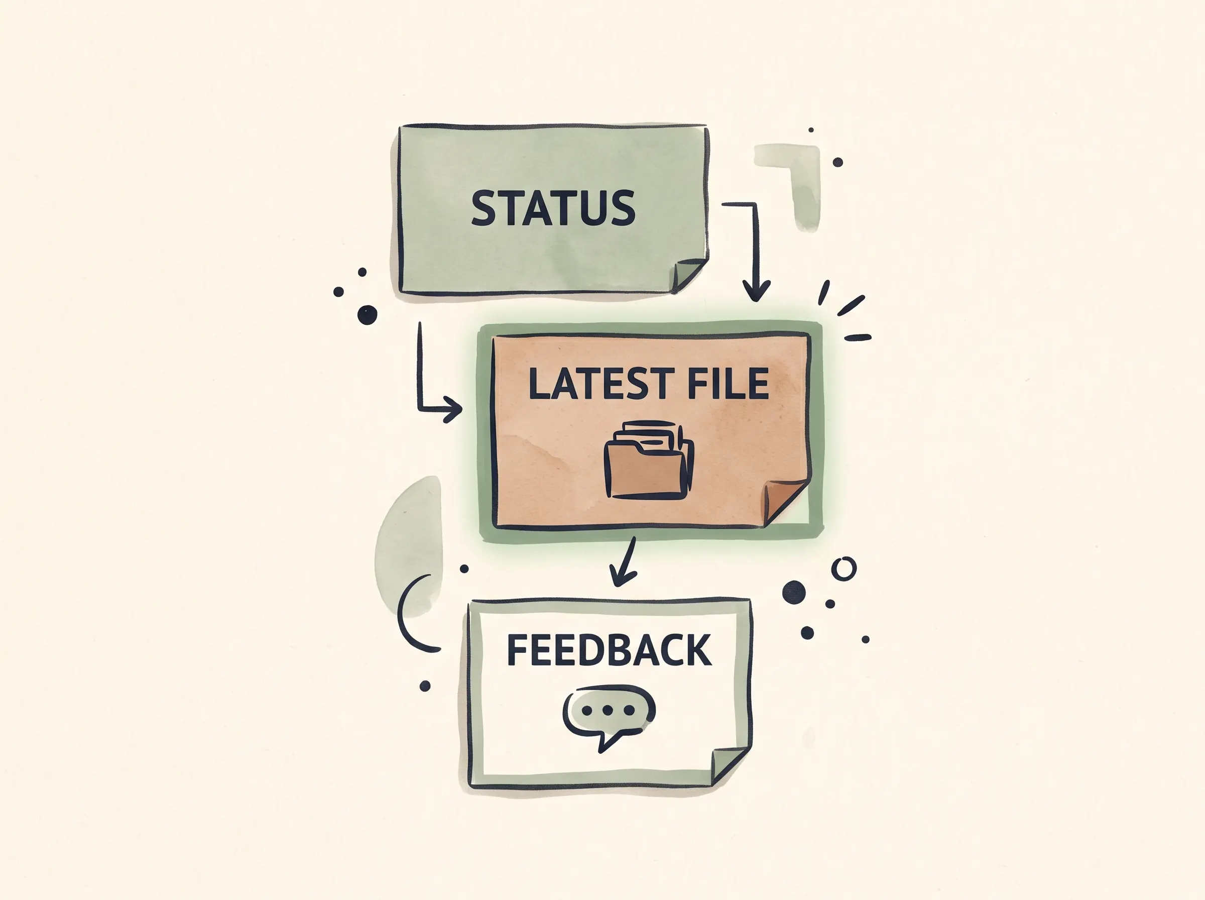 Three client portal page cards show status, the latest file and a feedback route