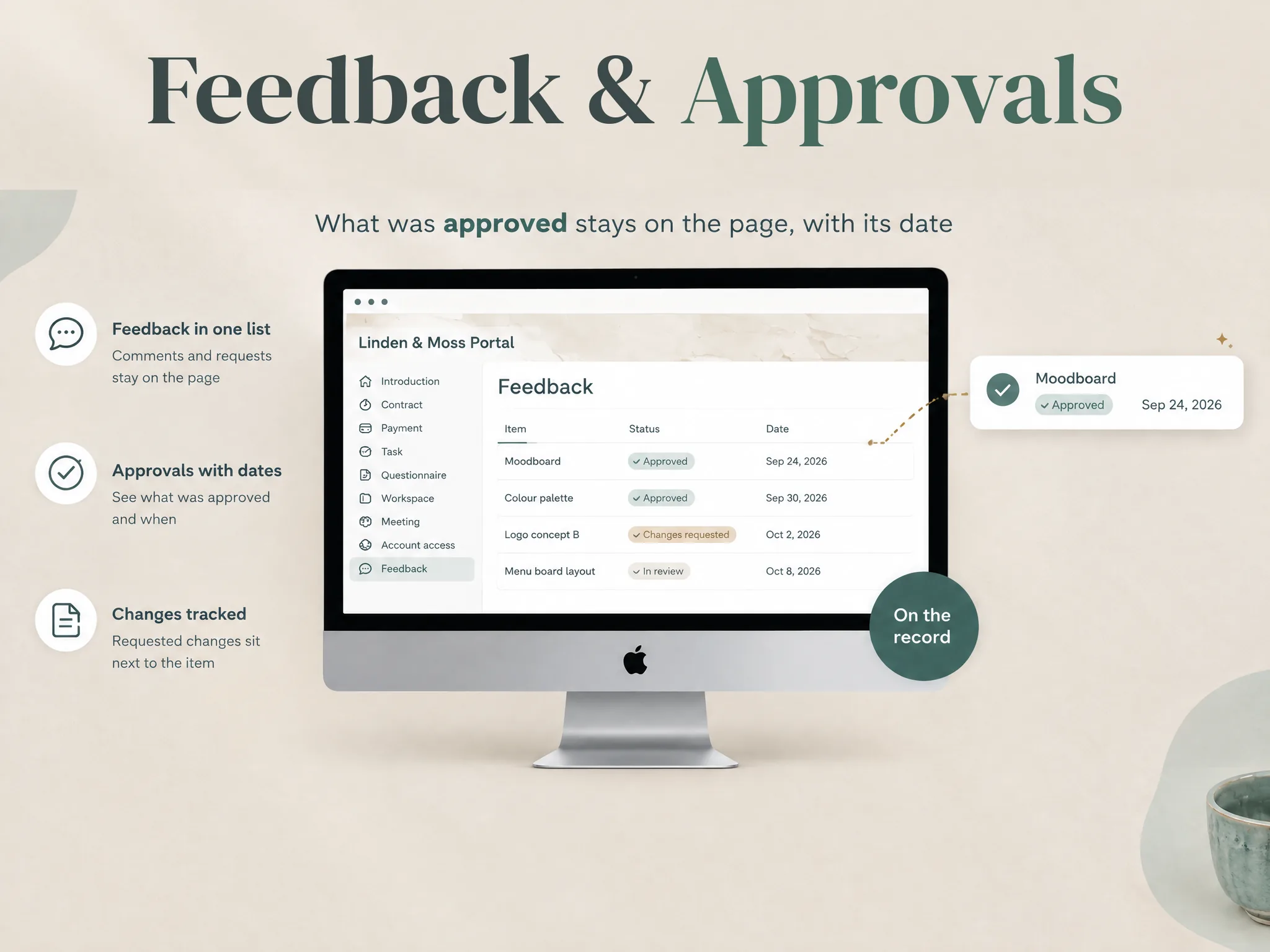 Sample Notion feedback and approvals page with a place to record client review
