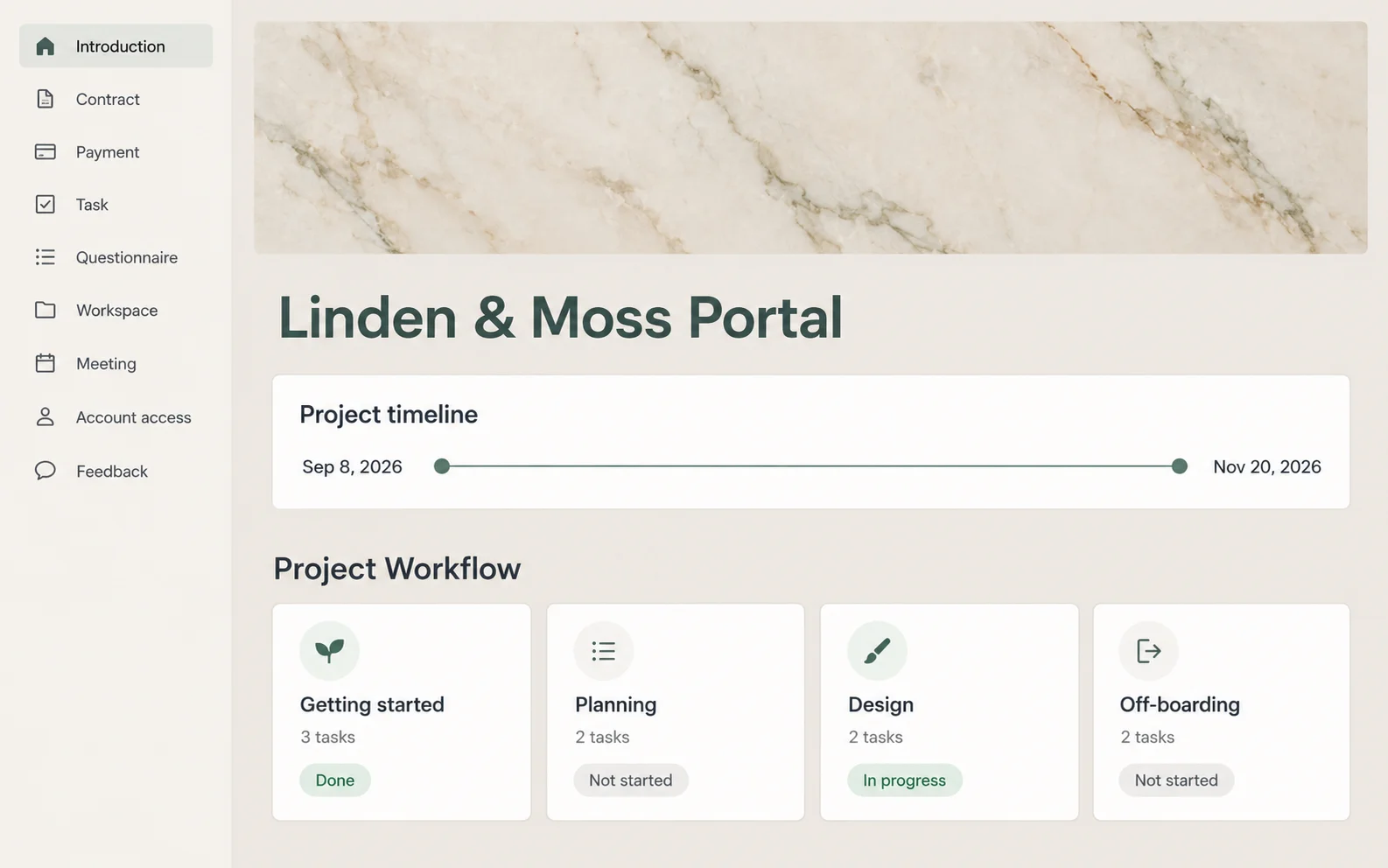 Illustrative view of the Notion Client Portal home page with the nine-page sidebar and a four-phase project workflow, sample client data
