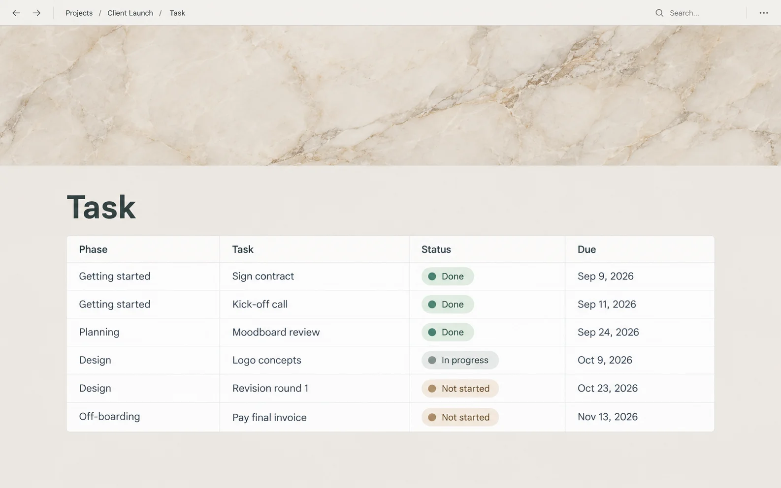 Illustrative view of a Notion client portal Task page listing tasks with phase, status and due date, sample client data