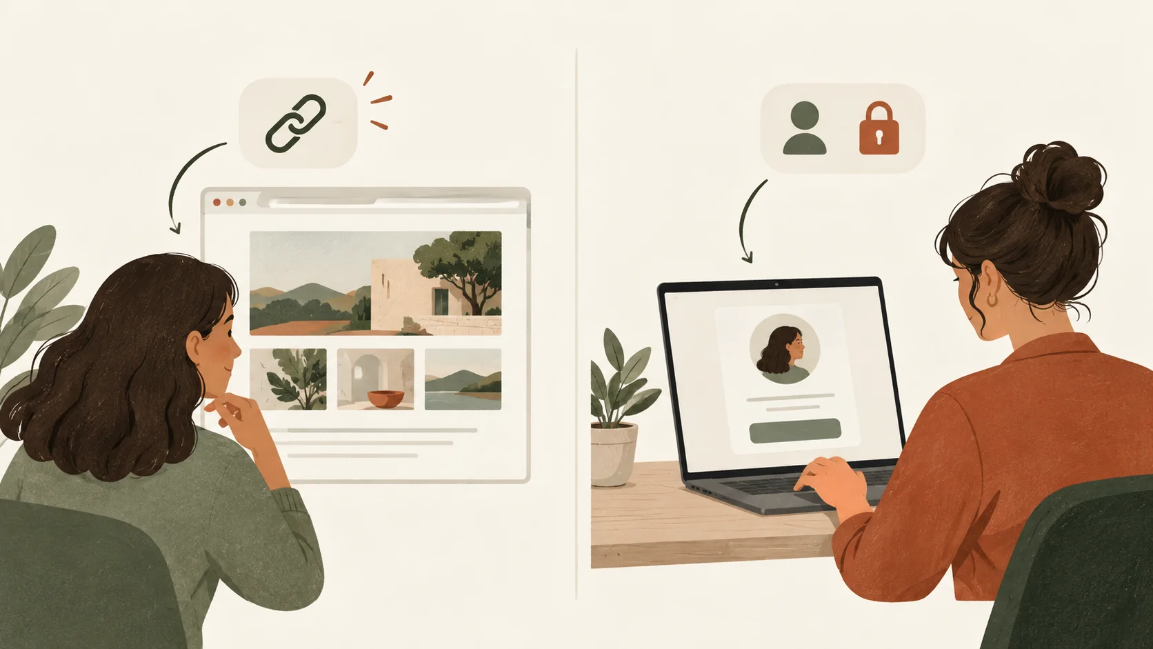 Illustration contrasting a view-only public link with a private, account-based client invitation